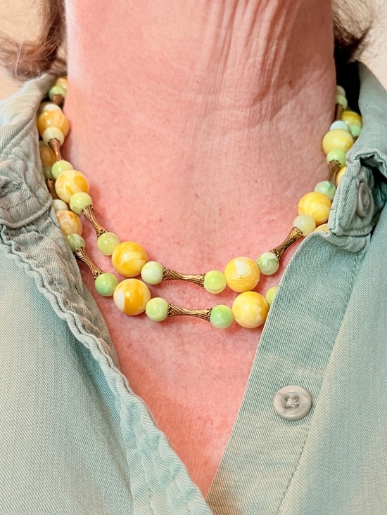 Coro Jewelry - Vintage Coro 2-Strand Lucite Bead Necklace Yellow Green Marbled Gold Tone 18”